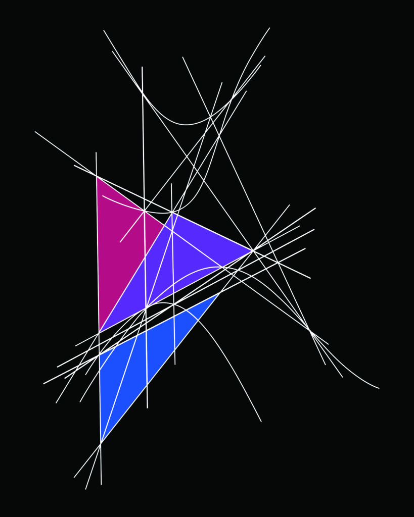 Abstract geometric design with colorful triangles and intersecting lines on black background.
