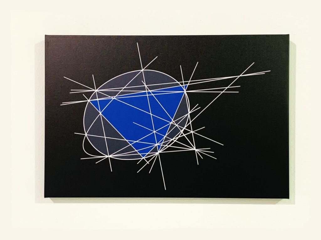 Abstract geometric art with a blue pentagon and intersecting white lines on black.