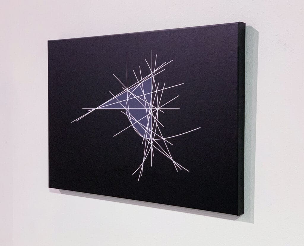Abstract artwork with intersecting white lines on a black canvas.