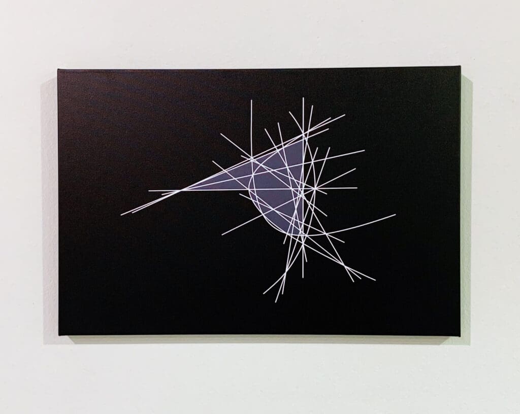 Abstract geometric artwork with intersecting lines and a purple triangular shape on black background.