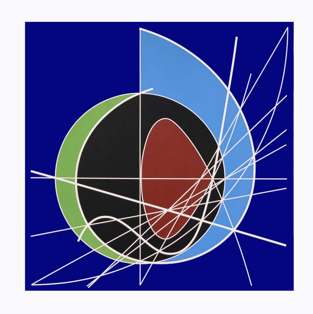 Abstract geometric design with layered shapes and intersecting lines on a blue background.