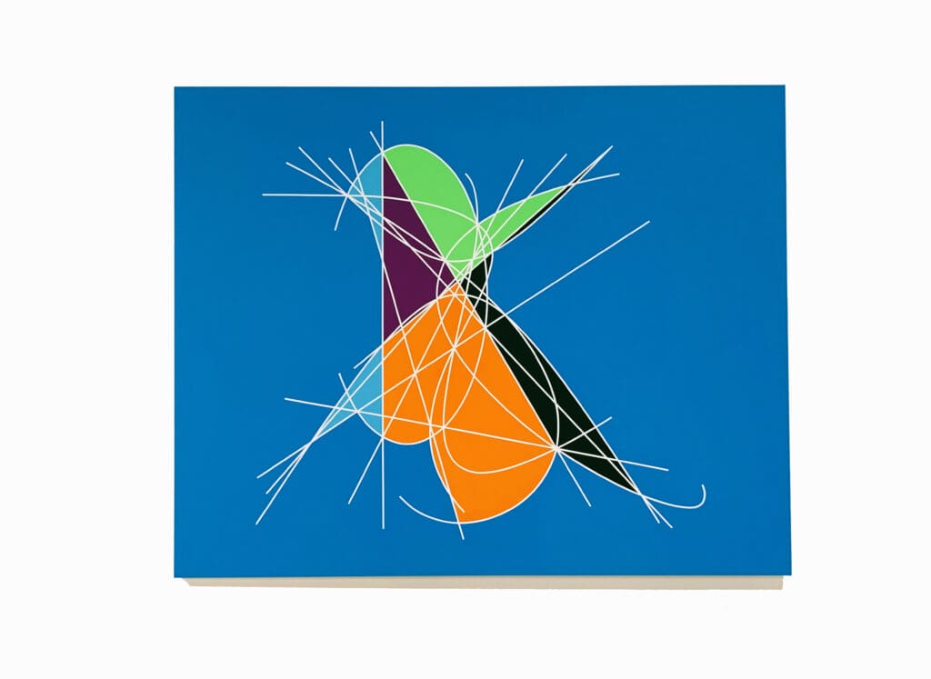 Blue canvas with intersecting colorful abstract shapes