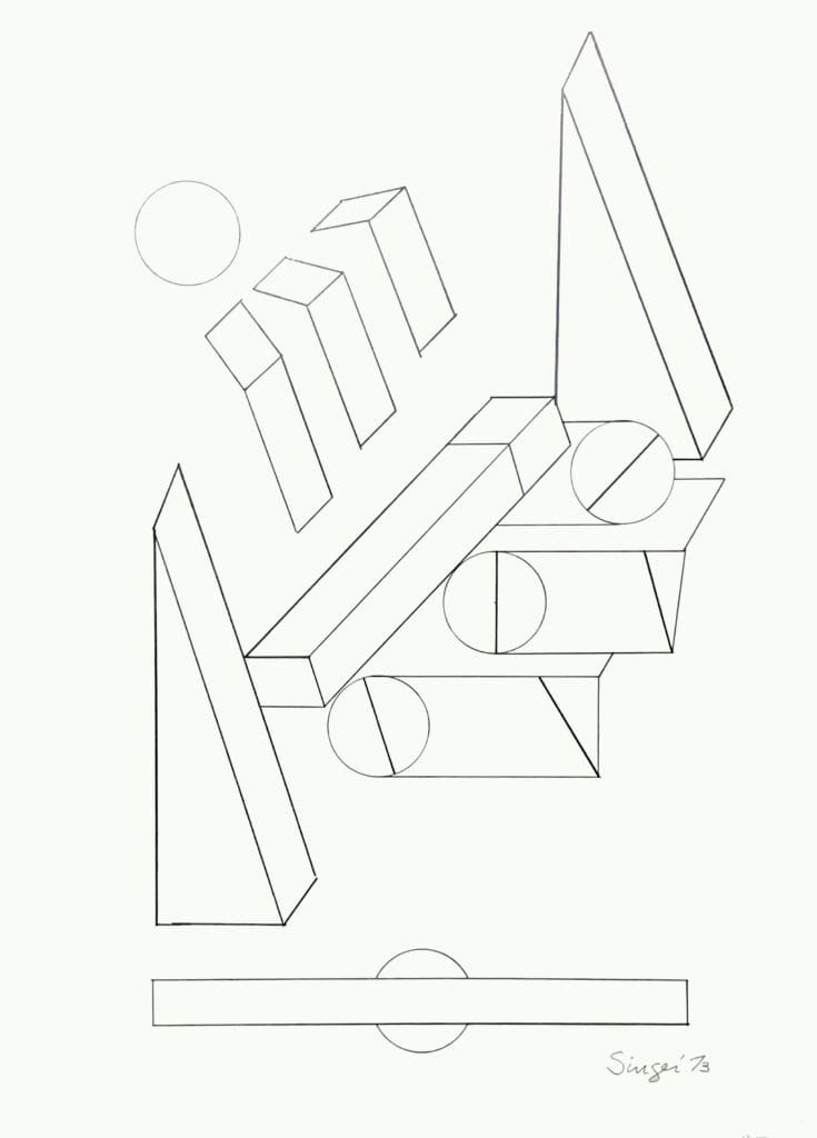 Abstract geometric line drawing with shapes and angles.