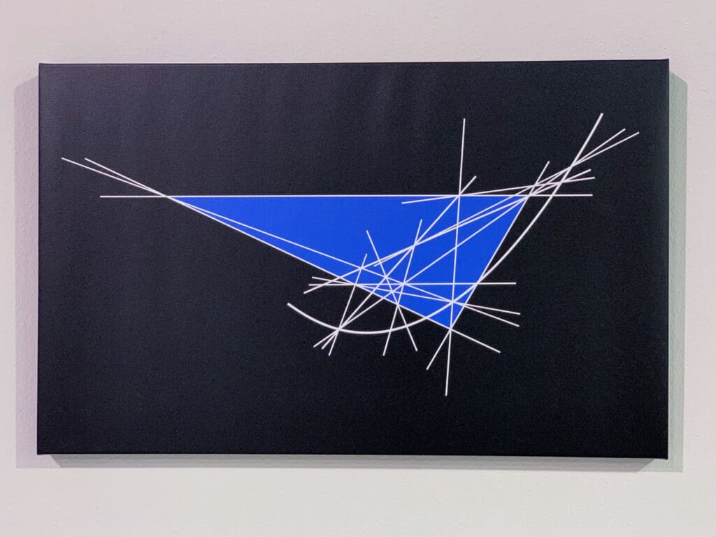 Abstract geometric art featuring intersecting white lines and a blue triangle on black.