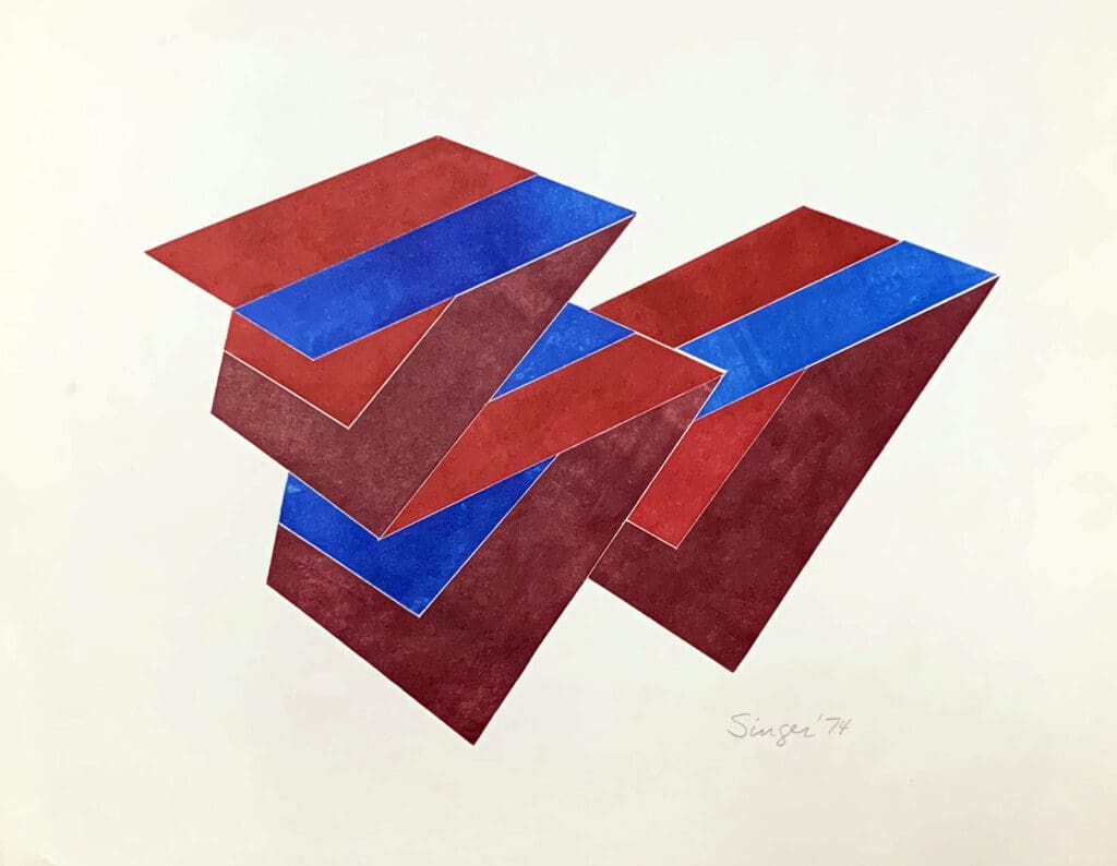 An abstract geometric artwork featuring interlocking red and blue shapes.