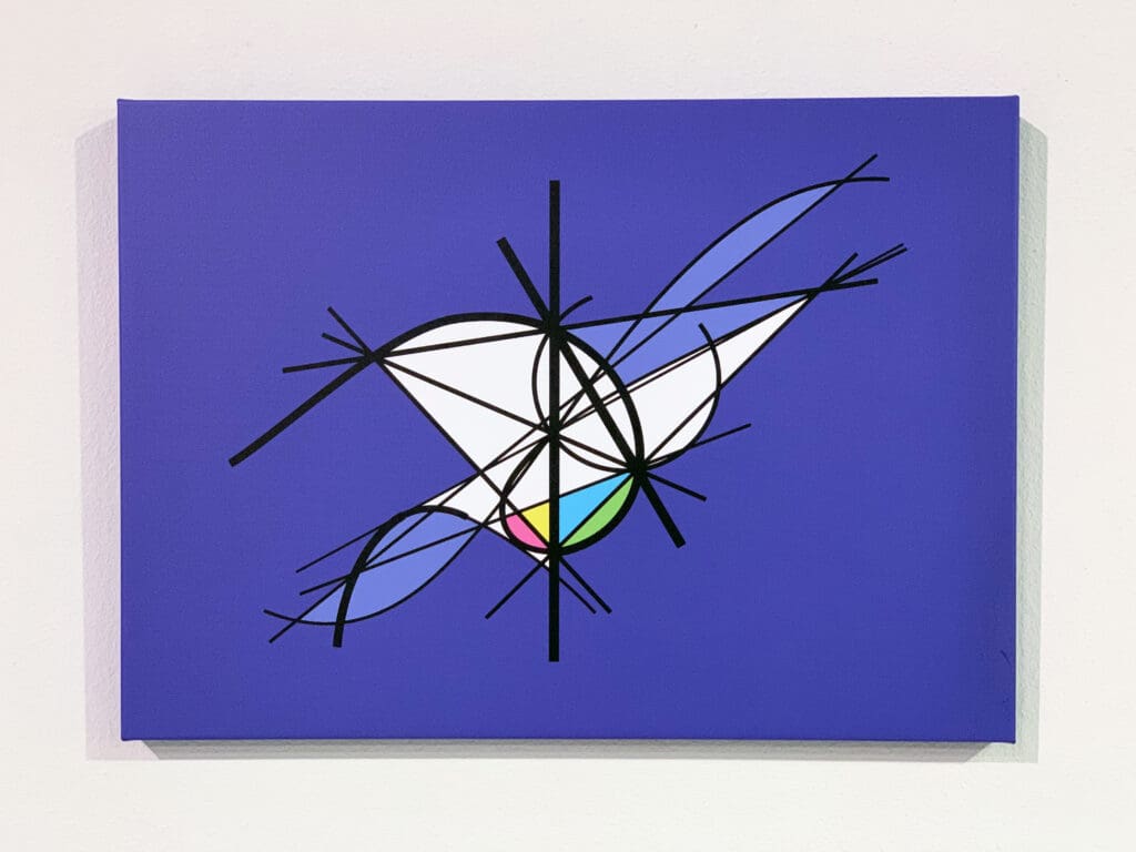 Abstract art with geometric shapes and black lines on a blue background.