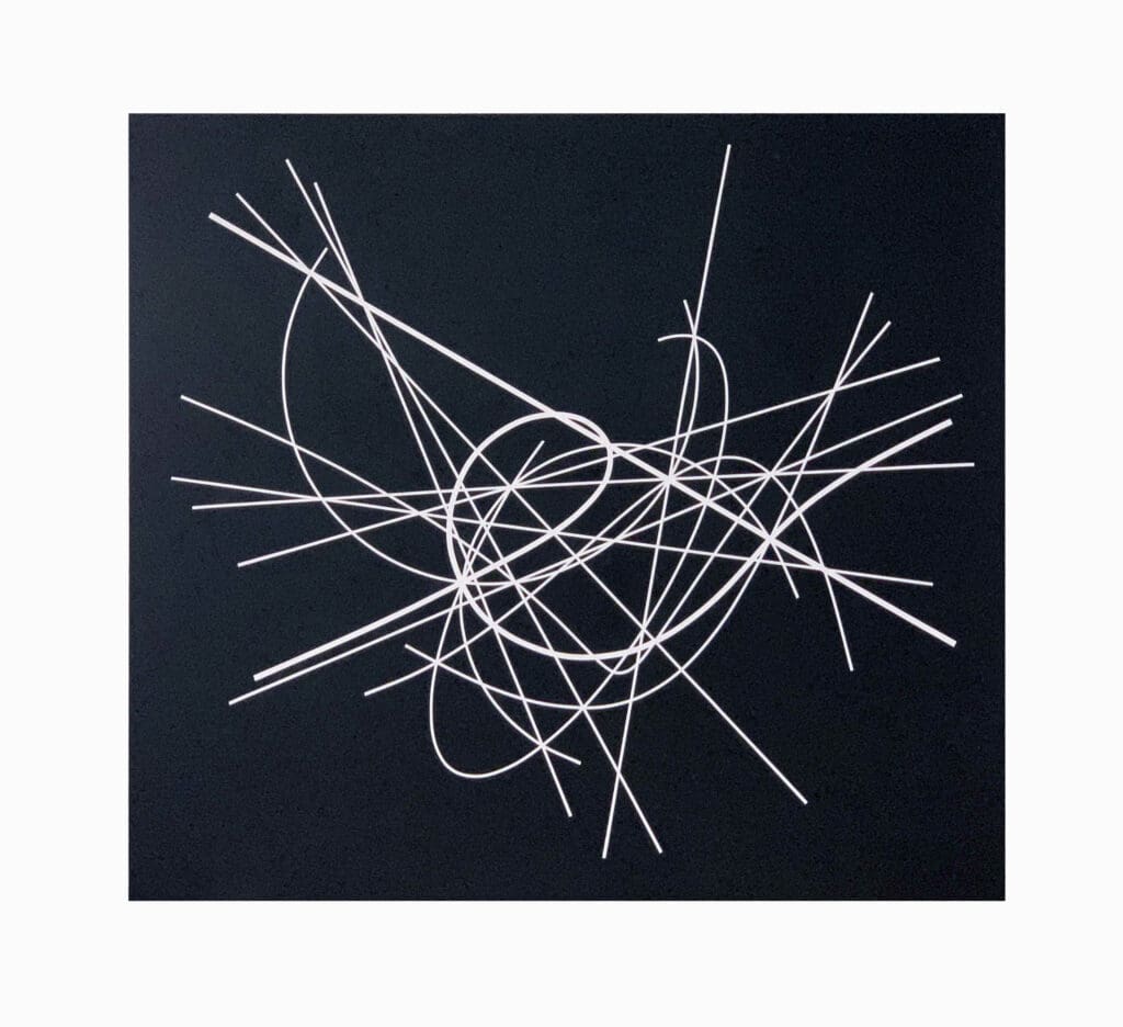 White linear ellipse tangle on matte black panel