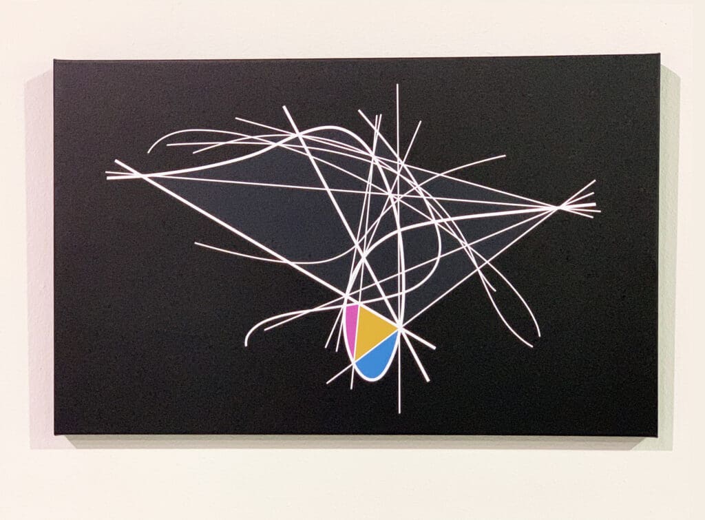 Abstract artwork with white lines and colorful geometric shapes on black background.