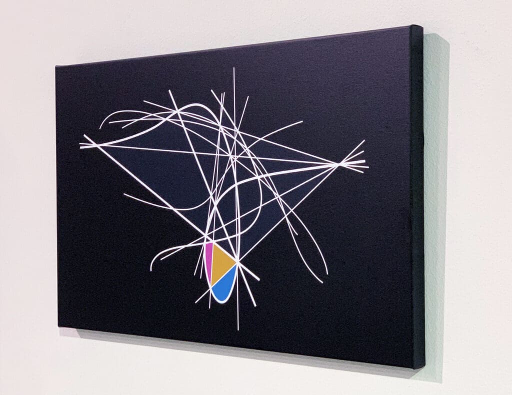 Abstract painting with colorful geometric shapes and white lines on a dark canvas.