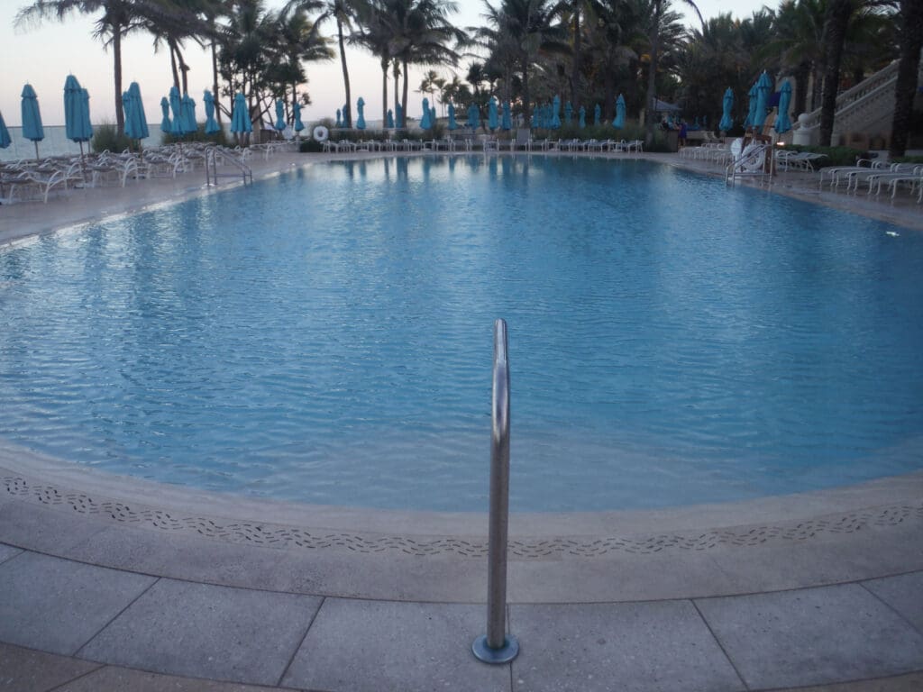 Empty outdoor swimming pool with handrail and palm trees.