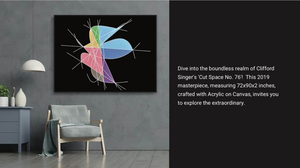Colorful abstract art with geometric shapes displayed in a modern living space.