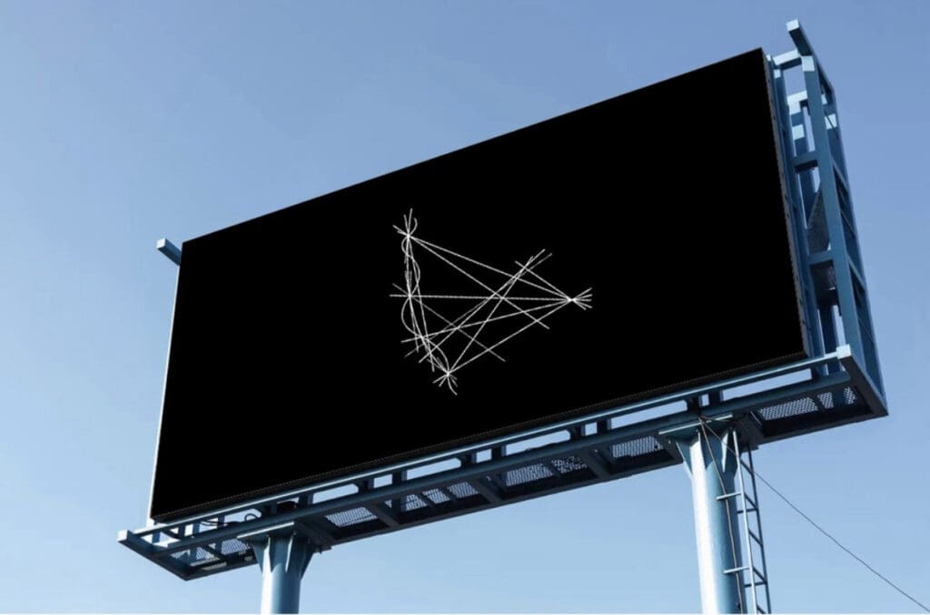 Billboard with abstract white line art on a black background.