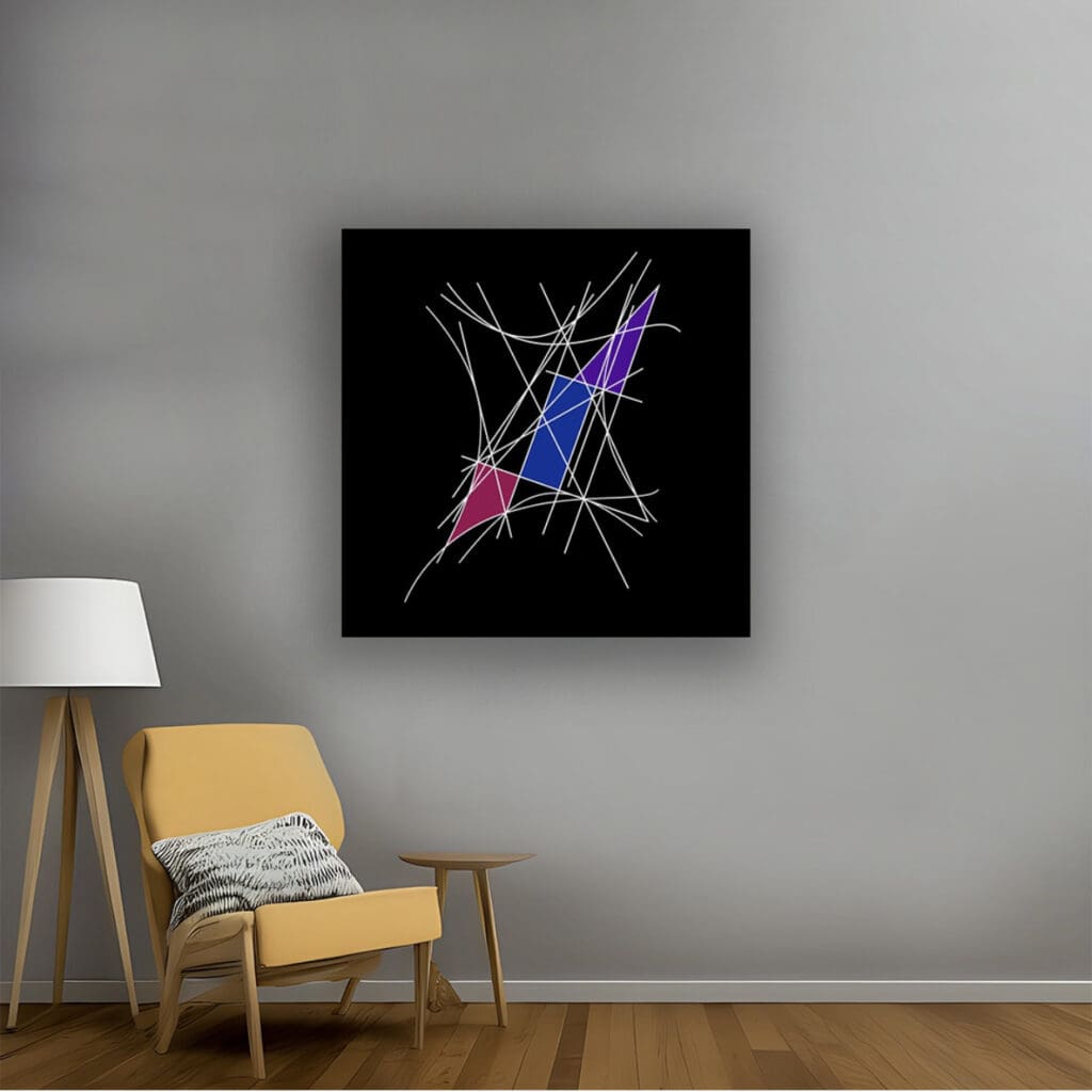 Abstract geometric artwork with intersecting lines in blue and pink on black.