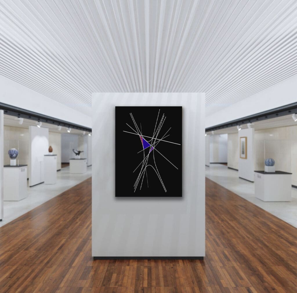 Modern art installation in a sleek gallery space with wood flooring.
