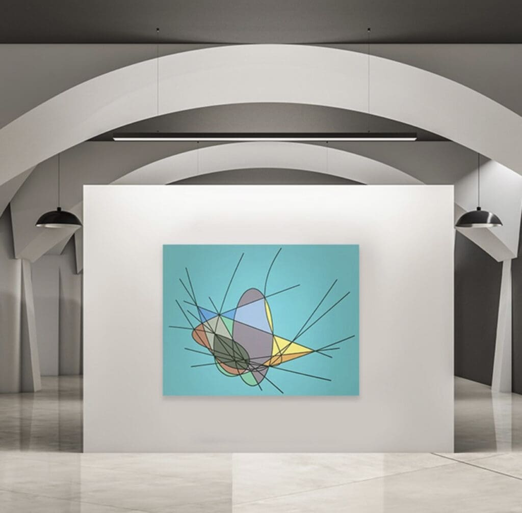 A modern art painting of a colorful bird on branches in a gallery.