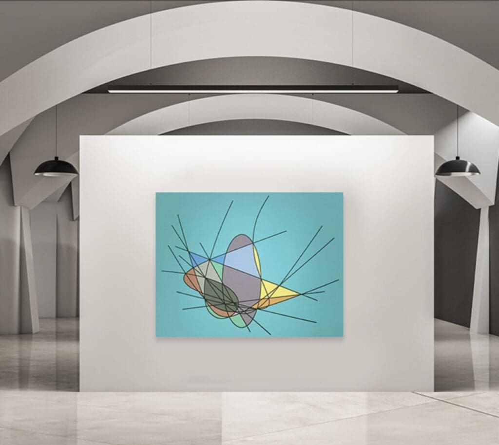 A colorful bird illustration displayed in a modern gallery.