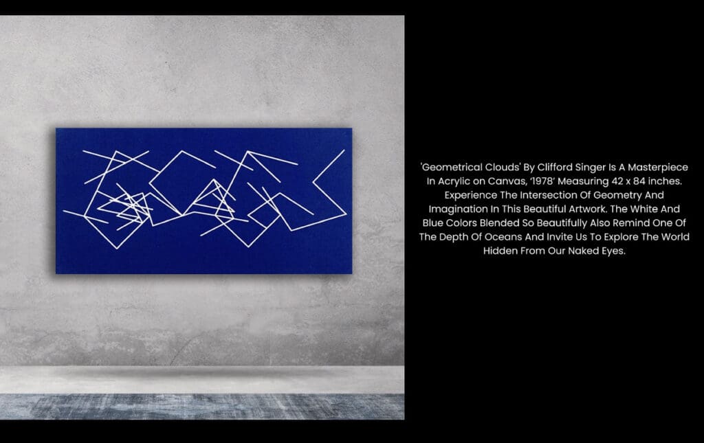 Abstract geometric artwork displayed on a concrete wall.