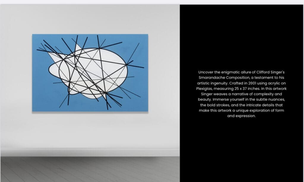 Abstract art with black lines and white oval on blue background in a gallery.