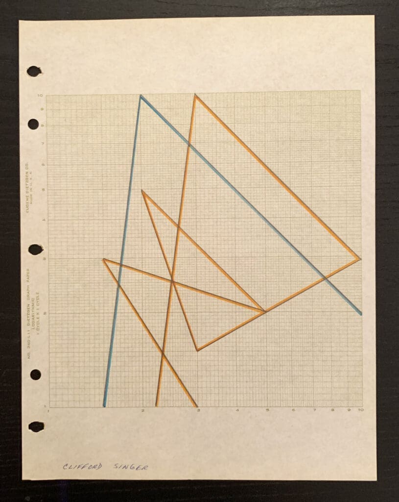 Abstract geometric lines forming overlapping triangles on graph paper.