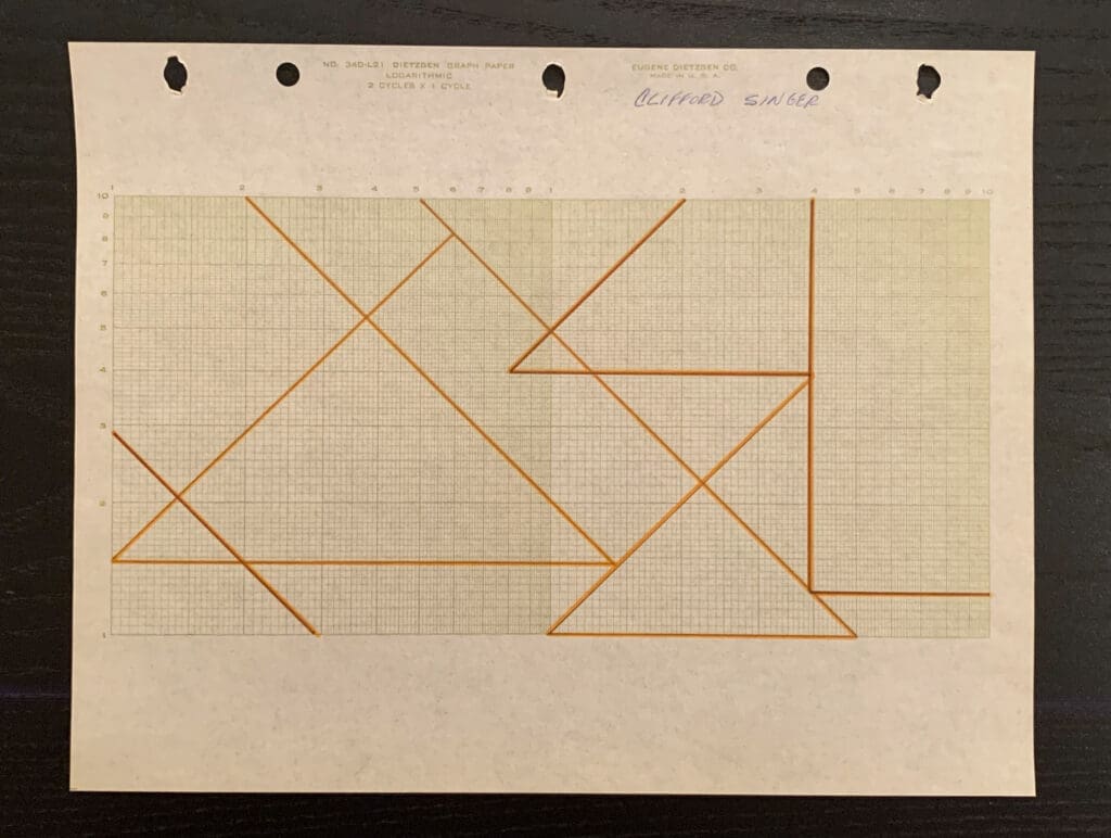 Geometric sketch with intersecting lines and shapes on aged paper.