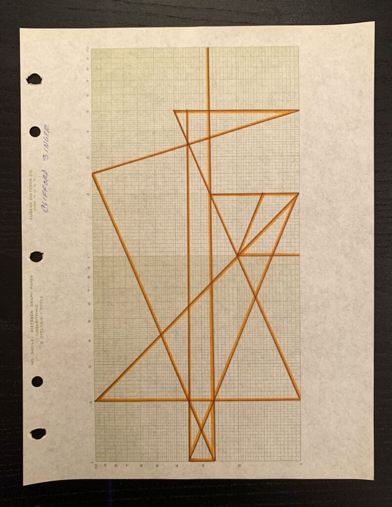 Abstract geometric line drawing on graph paper with intersecting shapes.