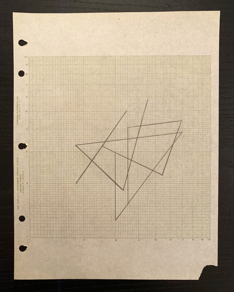 Abstract geometric sketch on grid paper with intersecting lines.