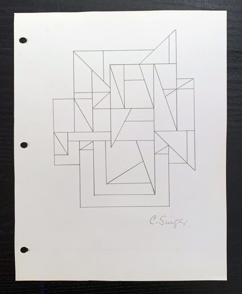 Abstract geometric line drawing with intersecting rectangles and triangles on paper.