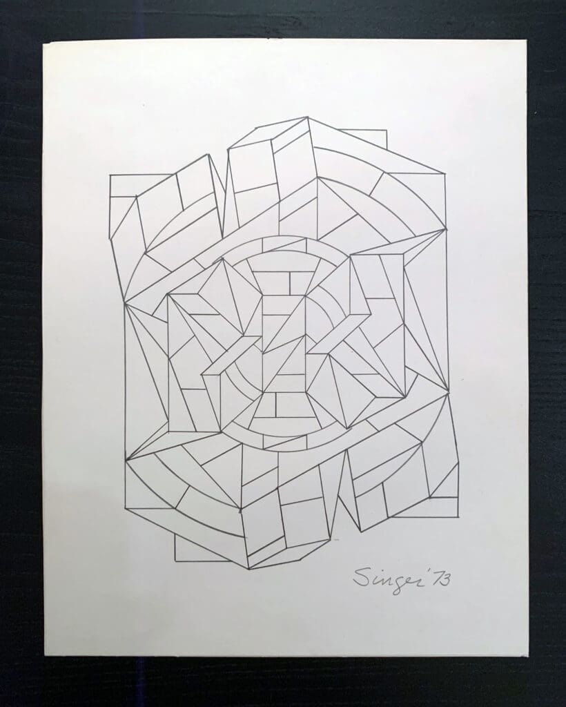 Abstract geometric line drawing with interconnected shapes.