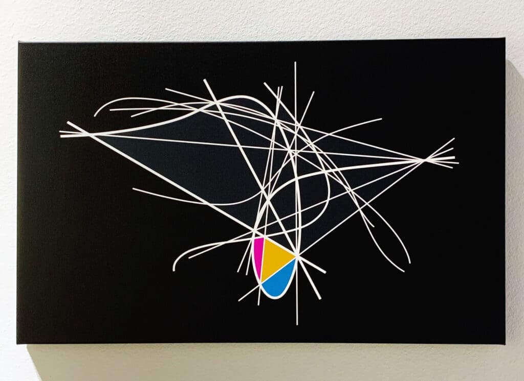 Abstract artwork with colorful geometric shapes and white intersecting lines on black background.