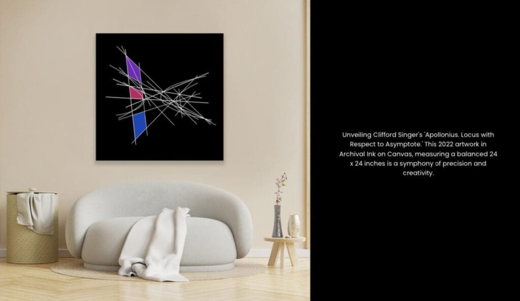 Modern living room with abstract black and purple wall art.