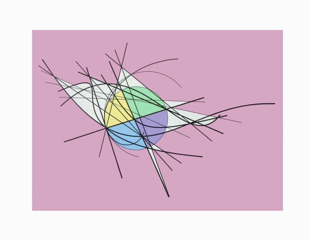Abstract geometric shapes and lines on a pink background.