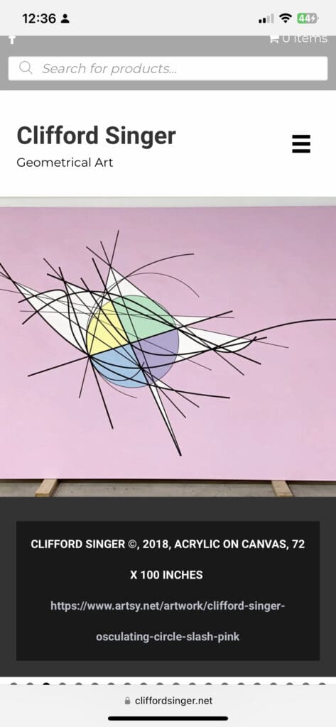 Abstract geometric artwork with intersecting lines on a pastel background.