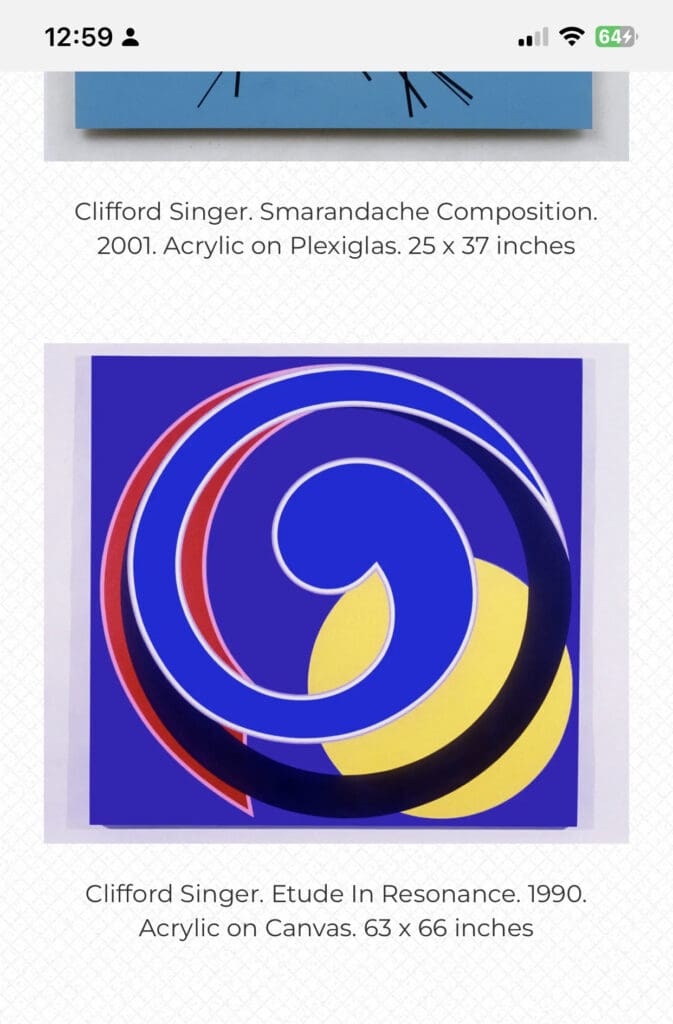 Abstract painting with swirling blue, yellow, and red shapes.