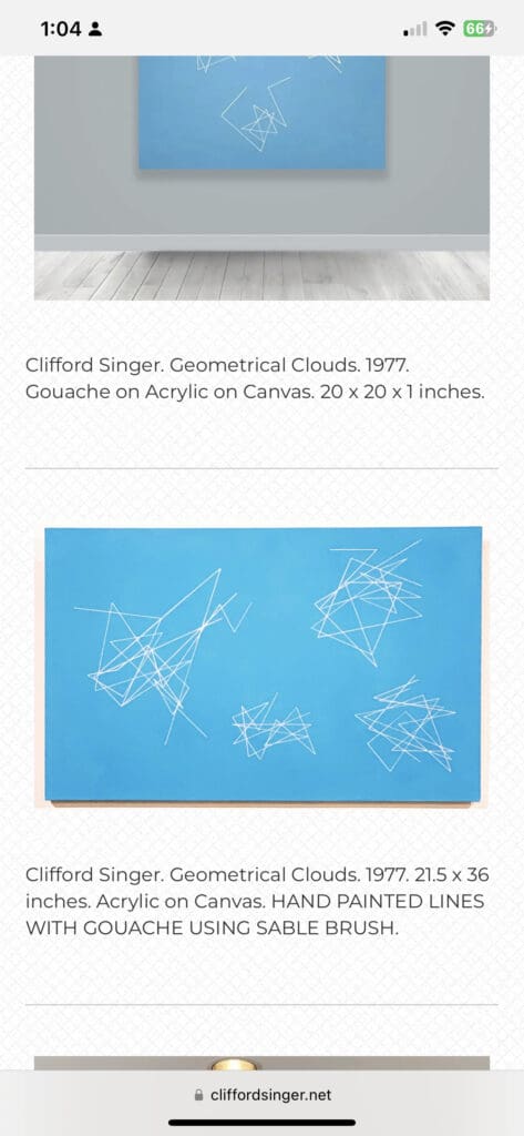 Abstract geometric white lines on a blue background by Clifford Singer.