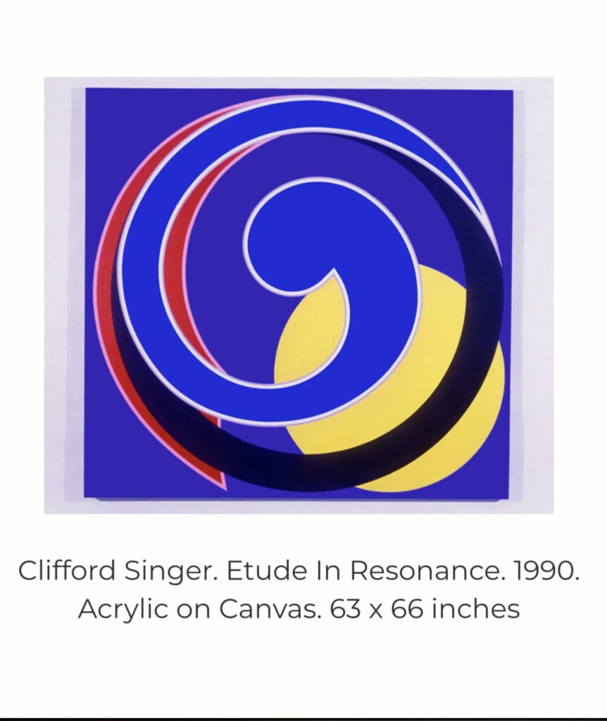 Abstract acrylic painting with swirling blue, red, yellow, and black shapes.