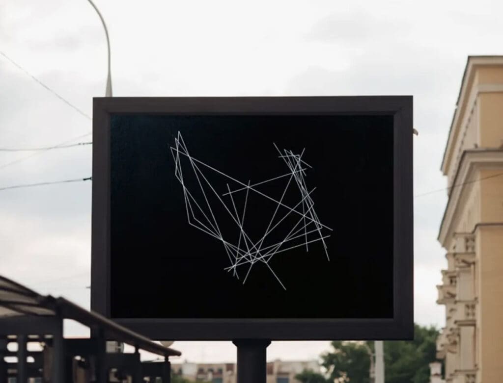 Geometric wireframe art on a black square sign outdoors.