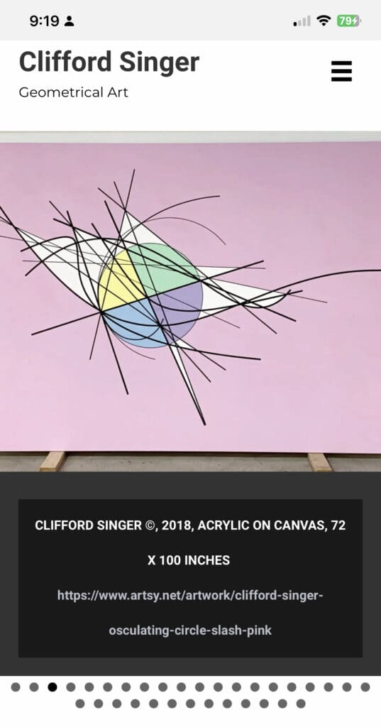 Abstract geometric painting with overlapping shapes and lines on a pink canvas.