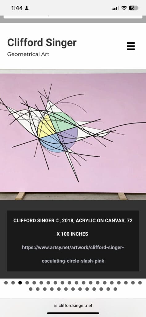 Abstract geometric painting with intersecting colored shapes and black lines on pink background.