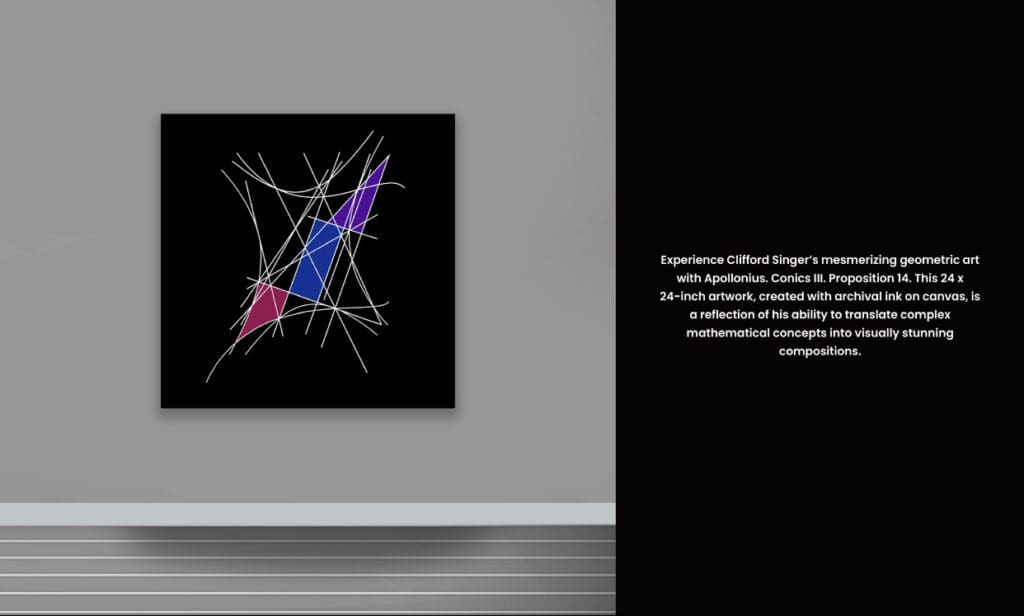 Abstract artwork with intersecting colorful lines on black background, accompanied by descriptive text.