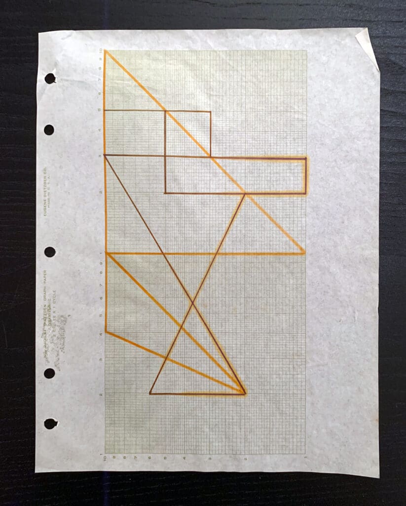 A geometric line drawing with intersecting shapes on lined paper.