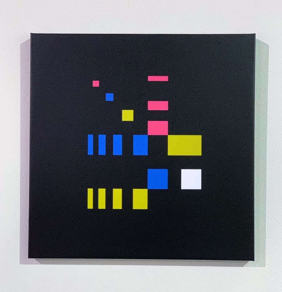 Abstract geometric art on a black square canvas with colorful blocks.