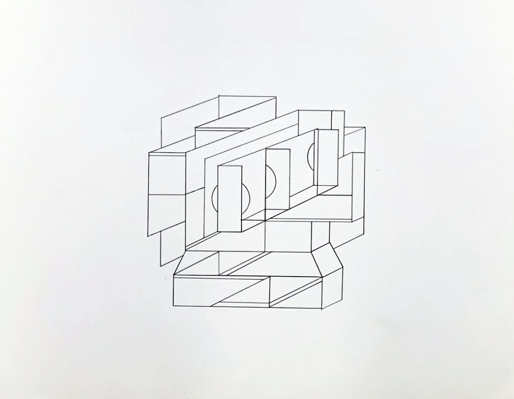 Abstract geometric line drawing with layered rectangular shapes.