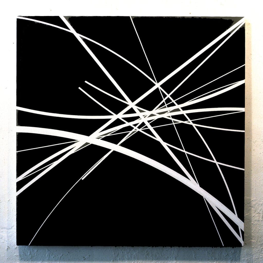 Bold white arcs and crossing lines on black