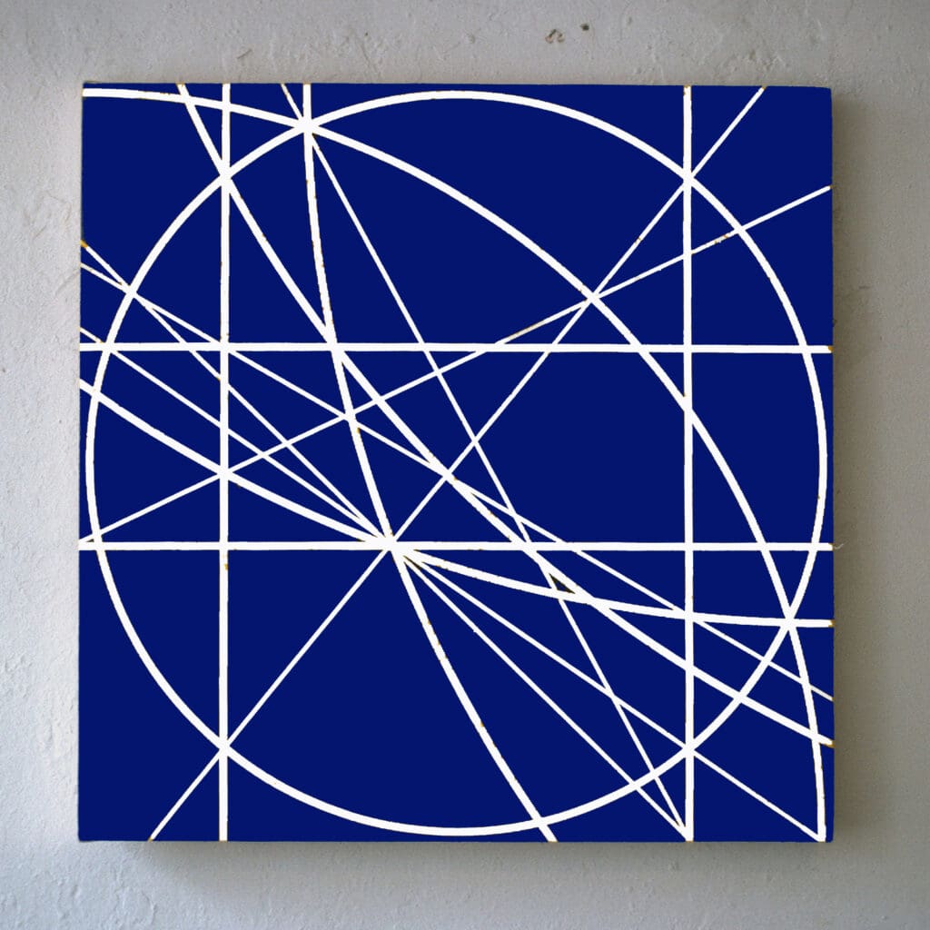 Square painting of grid and radial white geometry