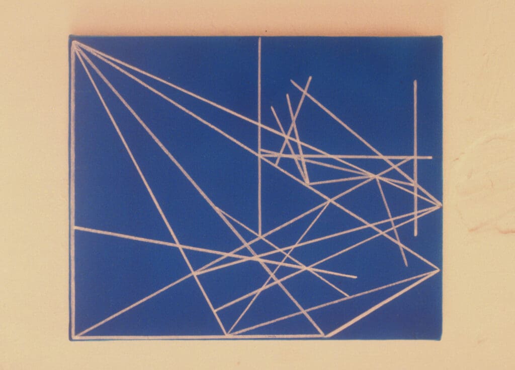 Blue canvas with intersecting white triangular lines