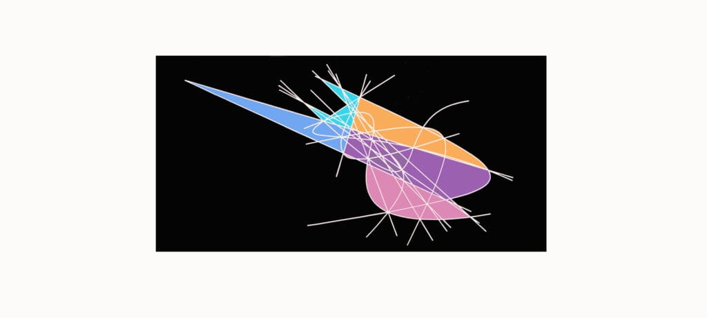 Layered pastel shapes intersected by white arcs