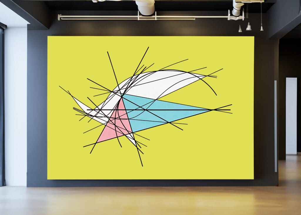 Abstract geometric mural with colorful triangles.
