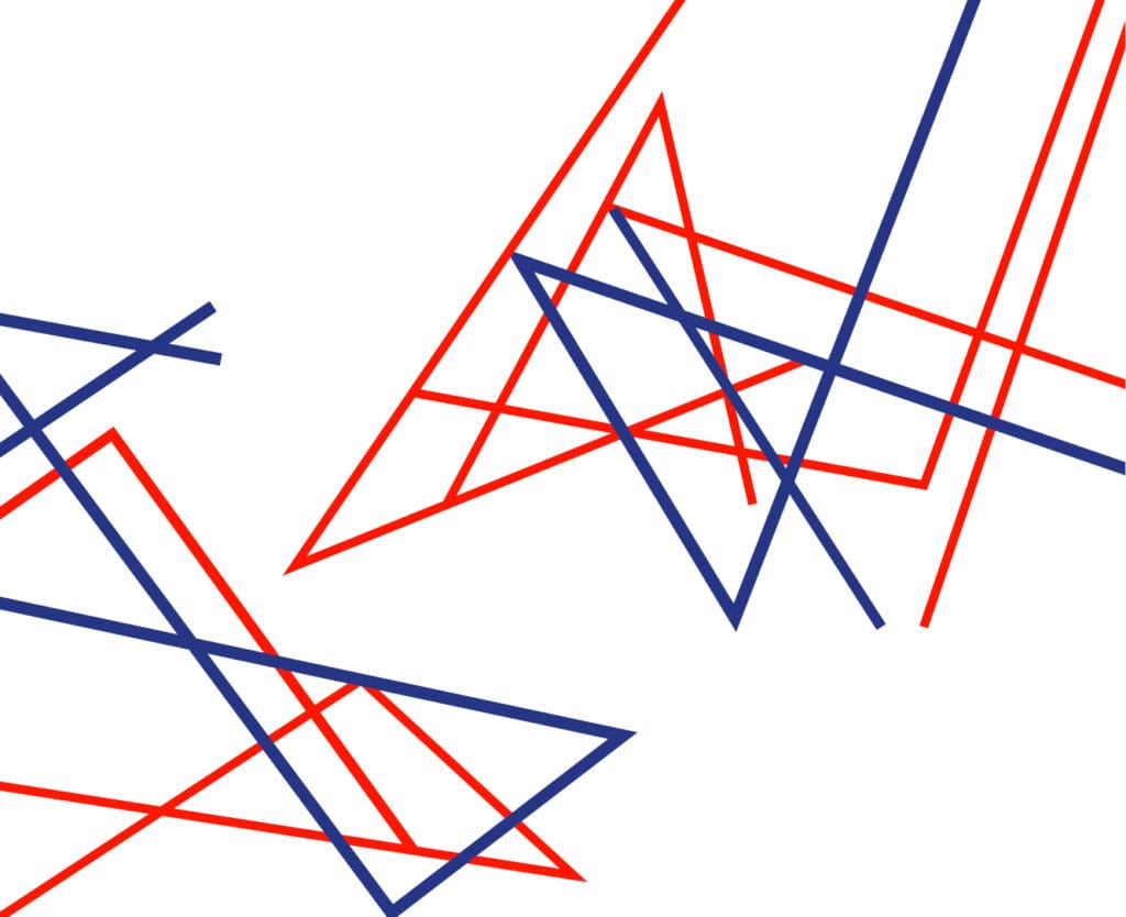 Blue and red angular lines forming abstract shapes