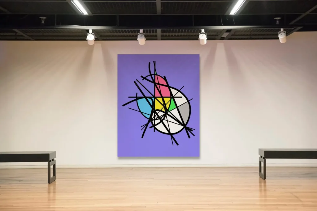 Abstract painting in modern art gallery display.