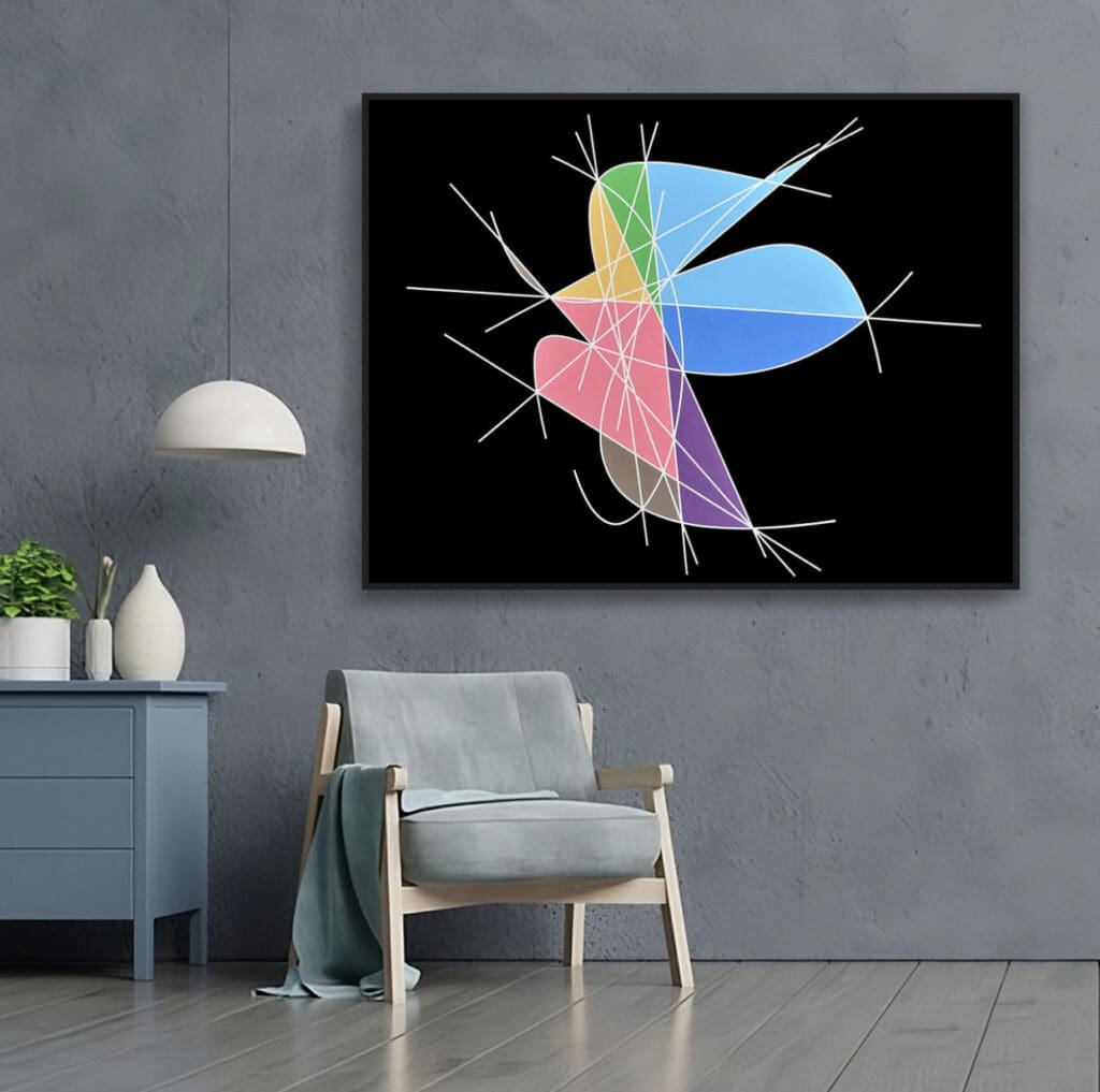 Colorful overlapping shapes with white linework